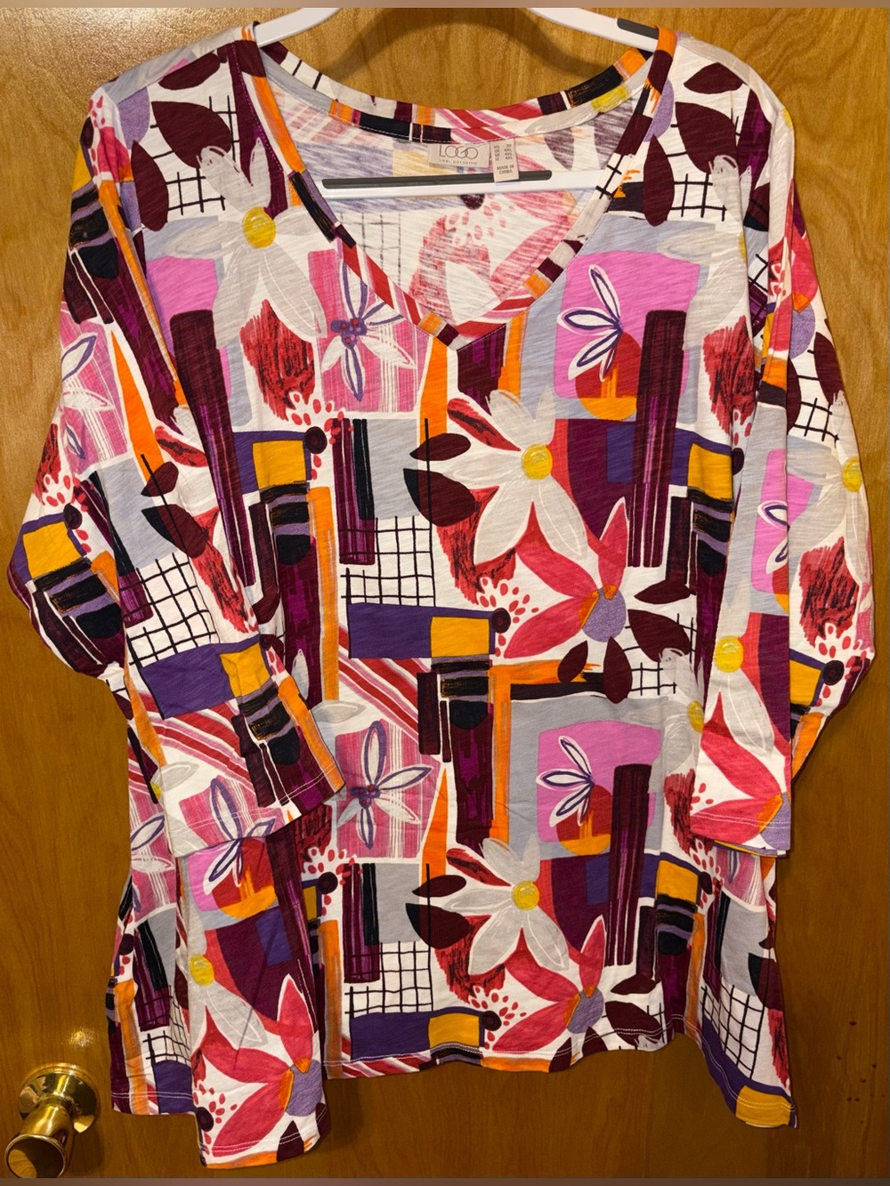 LOGO by Lori Goldstein ‘calypso coral’ printed cotton slub 3/4 sleeve top 3X